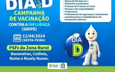 Prefeitura de Itaetê vai realizar dia D da vacinação nas localidades Bananeiras, Rumo, Colônia e Rosely Nunes na próxima sexta 12/04